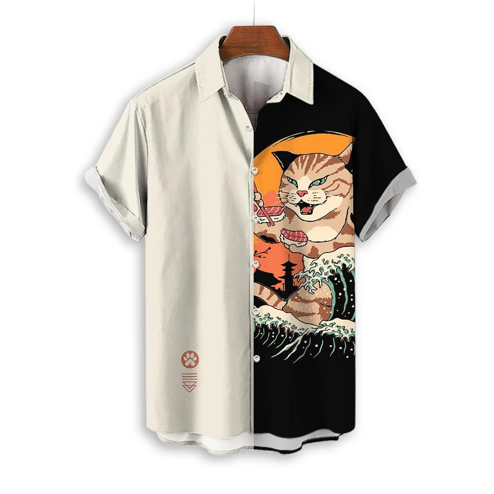 Fashion Men’s Clothing Cool Samurai Cat Tops Summer New Men’s Clothing Casual