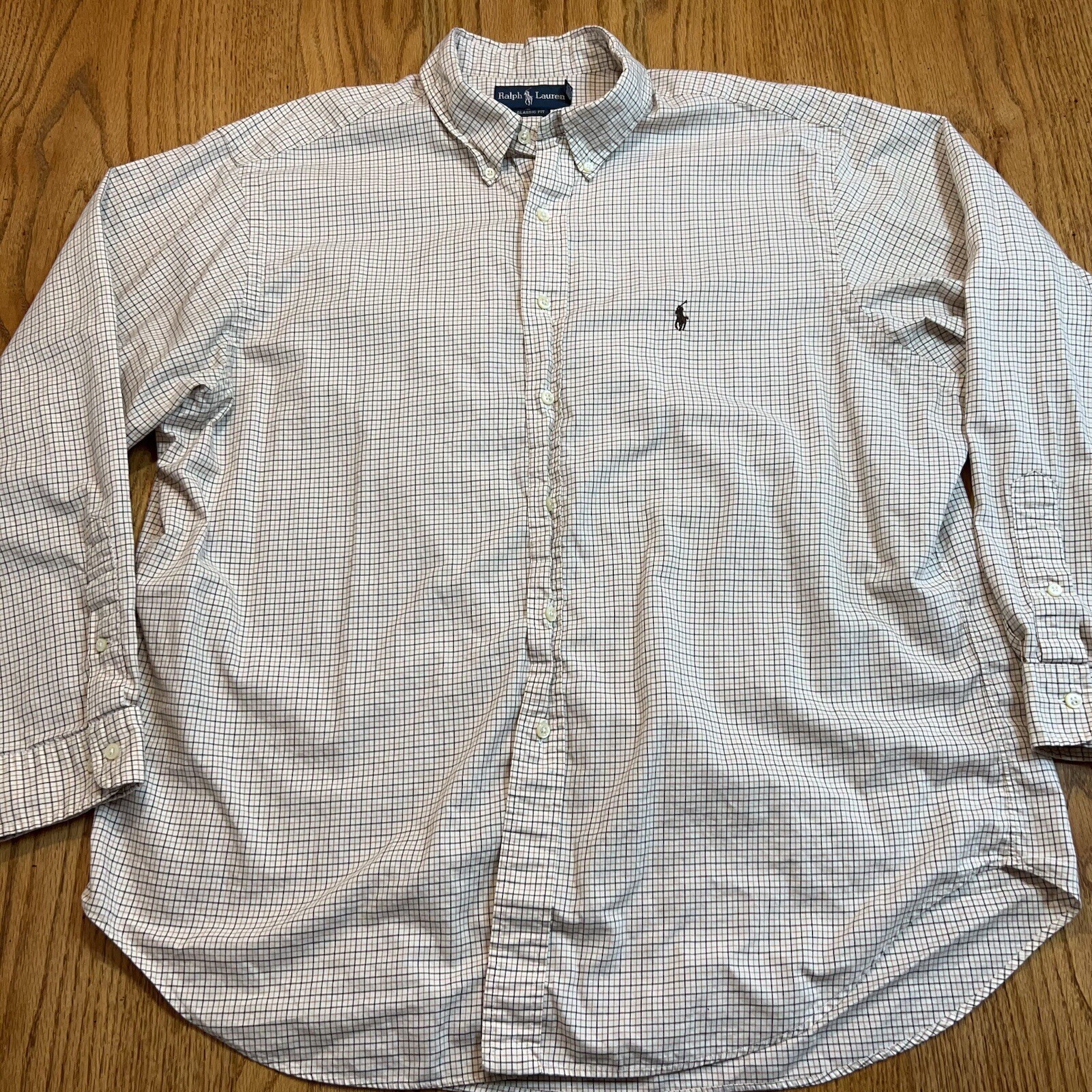 Ralph Lauren Mens Button Down Shirt 18 34-35 Classic Fit Beige White Check Plaid