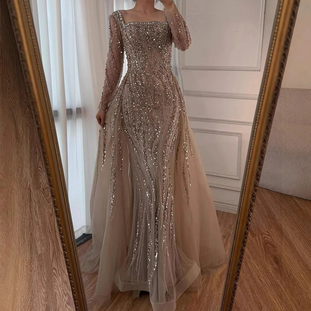 Arabian Caramel Beaded Mermaid Evening Gown with Luxury Formal Dress –