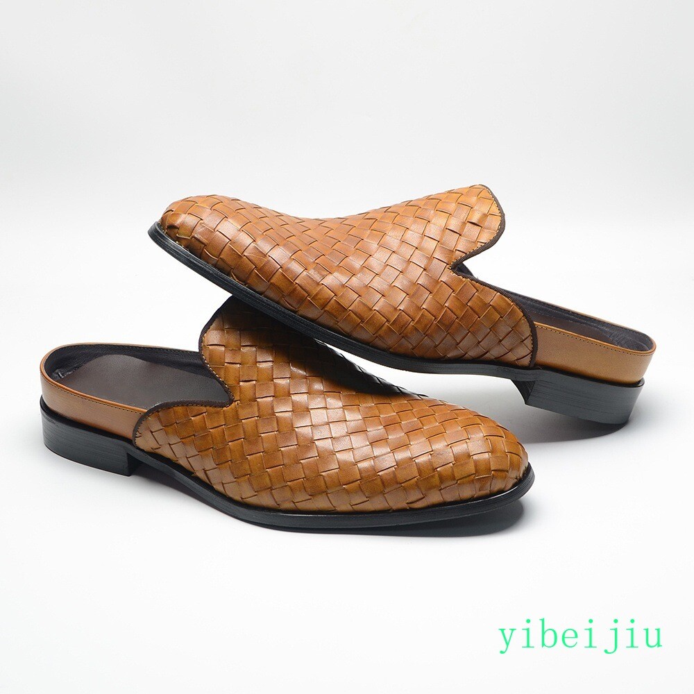 2026 Mens Real Leather Weave Woven Slipper Dress Slide Shoes Slip On Sandals Man