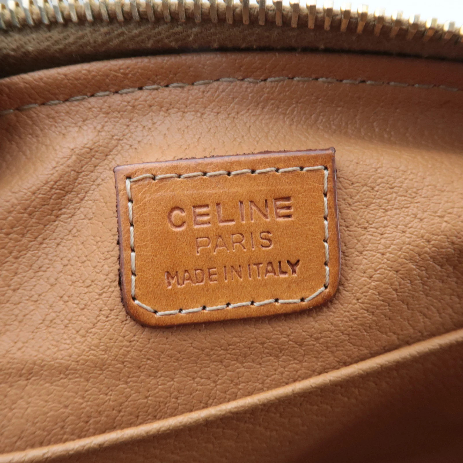 CELINE Macadam PVC Leather Cosmetic Pouch Brown Gold HDW Authentic
