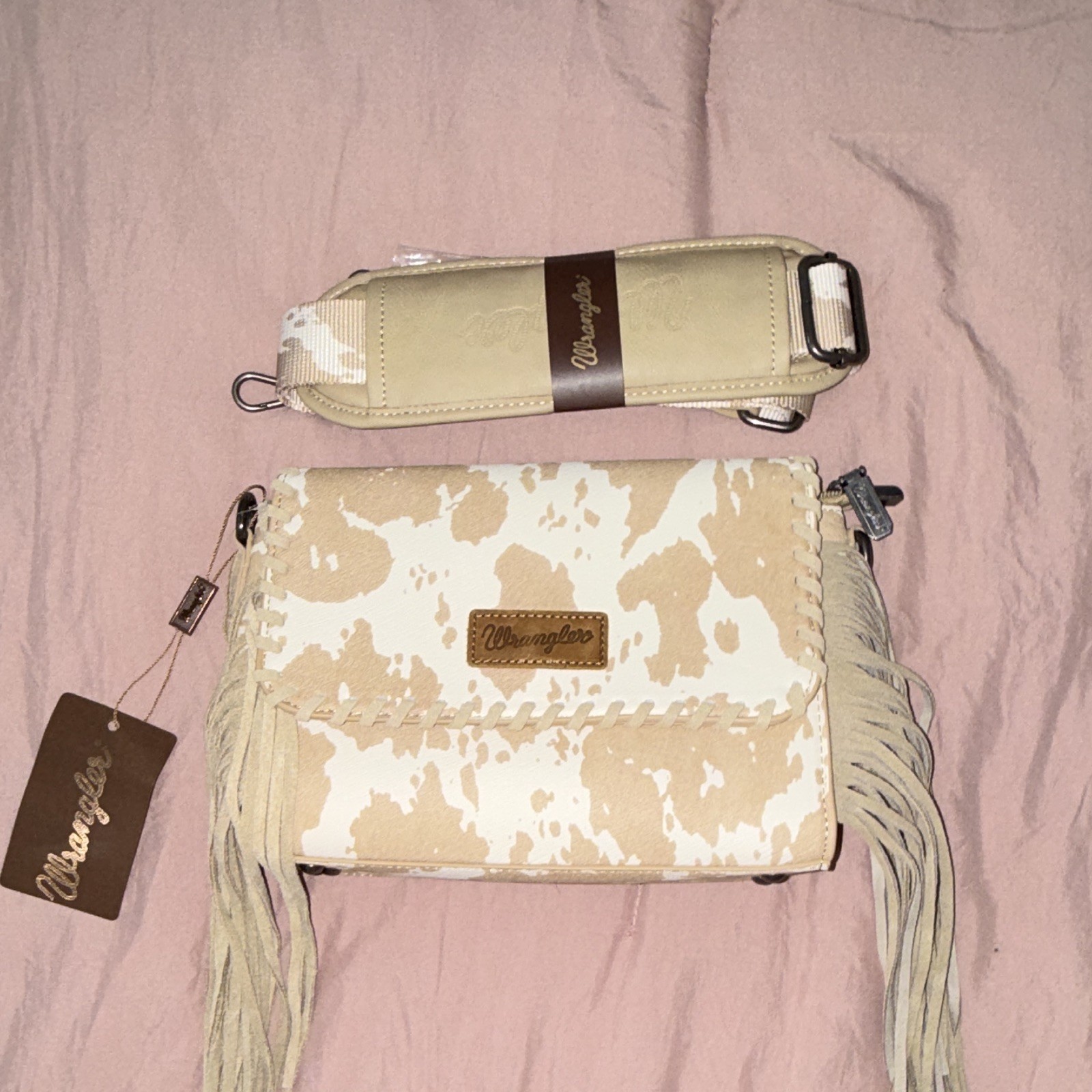Wrangler Beige/White Cow Print Fringe Small Crossbody Bag, Zip, Strap, Pockets