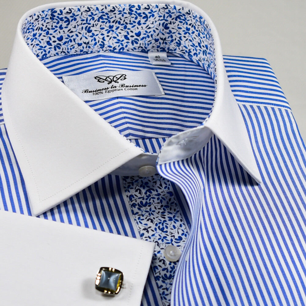 WInchester White Collar & Cuffs Contrast Blue Stripe Business Dress Shirt
