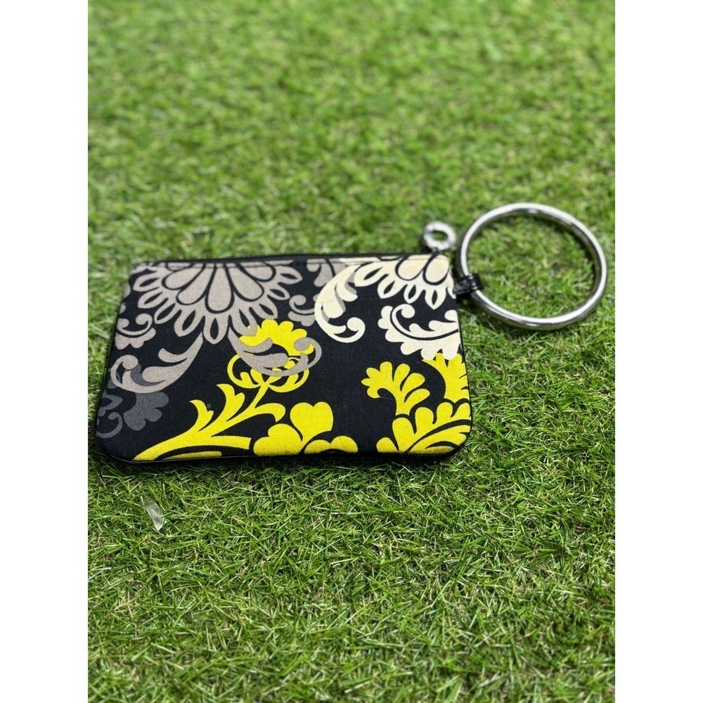 Womens Black Floral Print Wristlet Pouch with Ring Handle and Yellow Accents