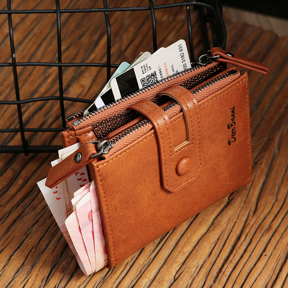 Genuine Leather Zipper Wallet Short RFID Blocking Bifold Big Capacity Coin Purse