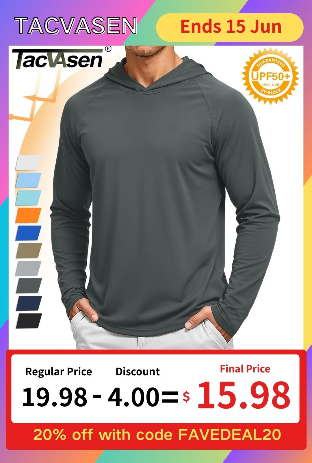 Tacvasen UPF50+ Mens Sun Skin Protection T-Shirts Outdoor Fishing Casual Hoodies