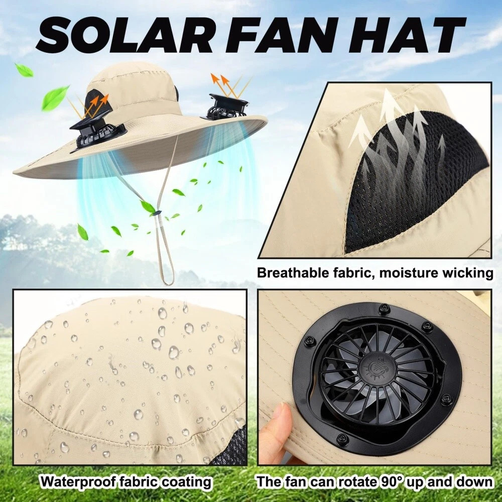 Sun Hat with Fans Solar Power USB Cooling Hats Wide Brim Fishing Camping Bucket