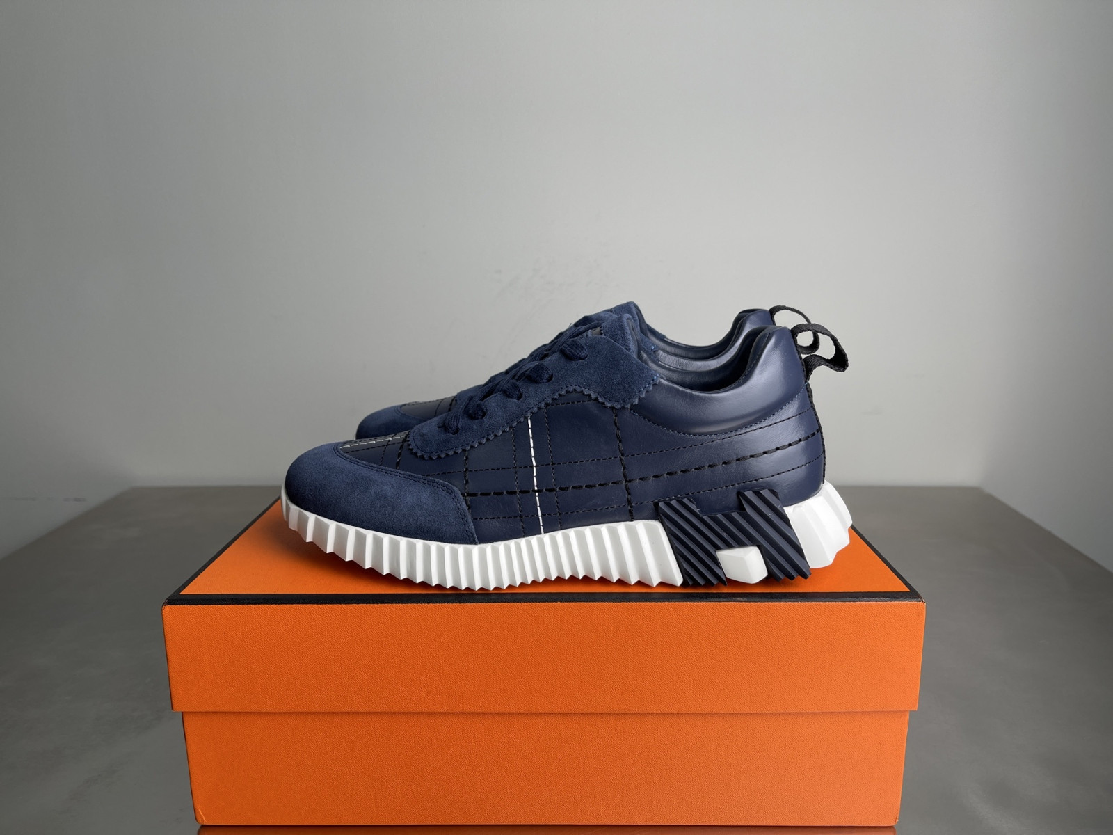 Hermes Bouncing Sneakers Navy Blue Leather Suede Men’s Low Top Trainers
