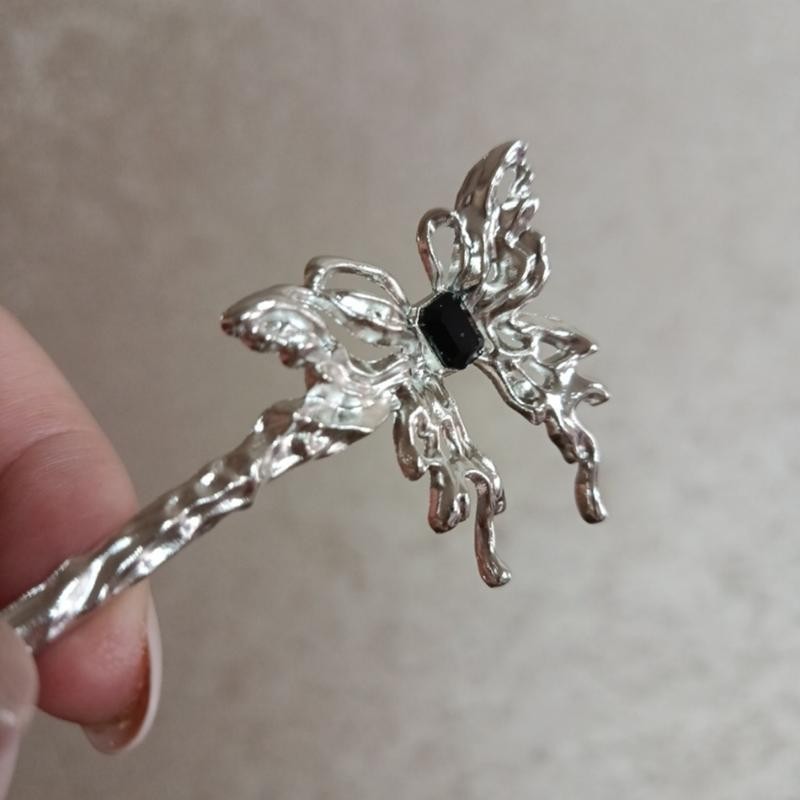 Elegant Black & Silvery Hollow Out Butterfly Chinese Hairpin 15 Cm