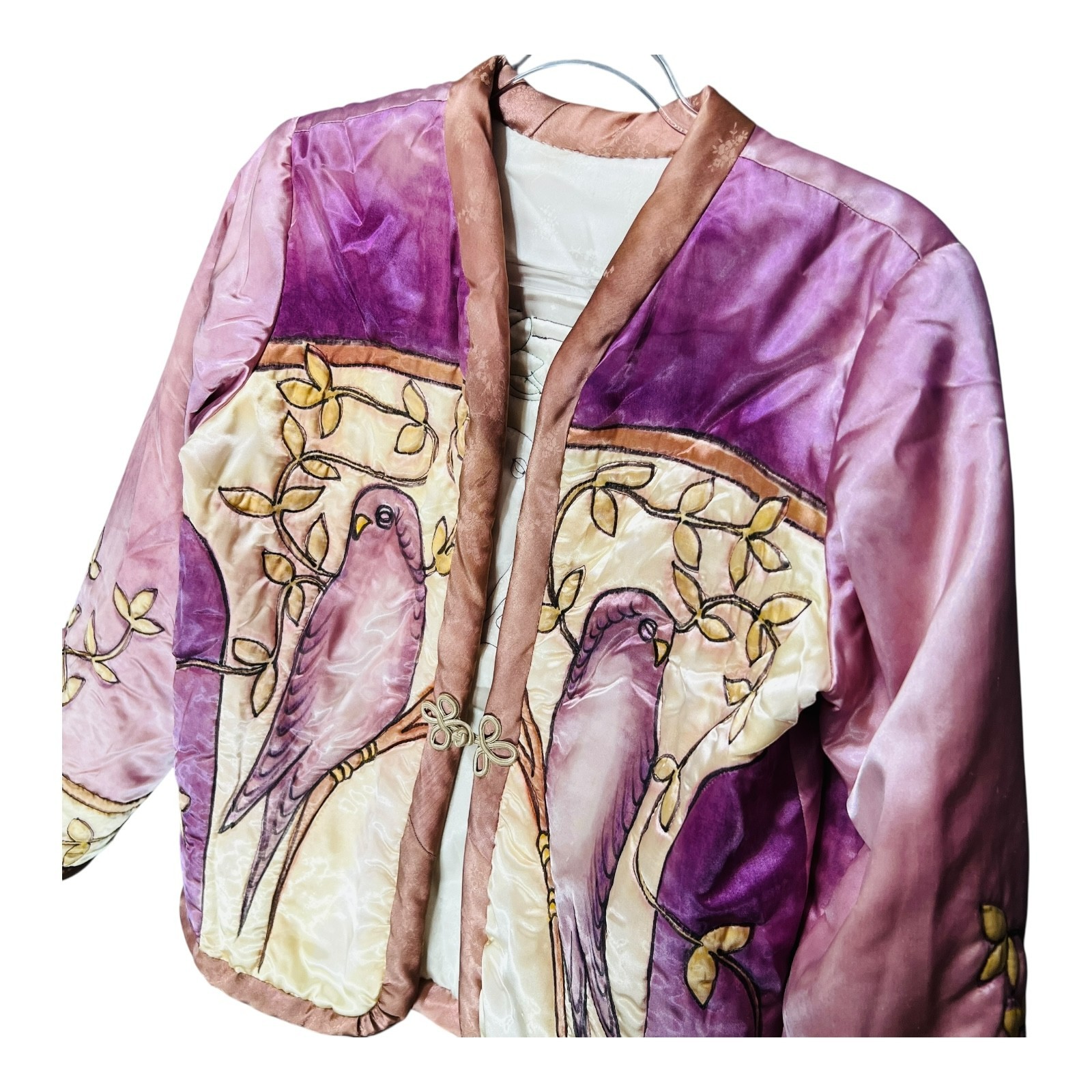 VTG Valery Guignon Hand Painted Silk Quilt Jacket Sz M Wearable Art Birds Signed