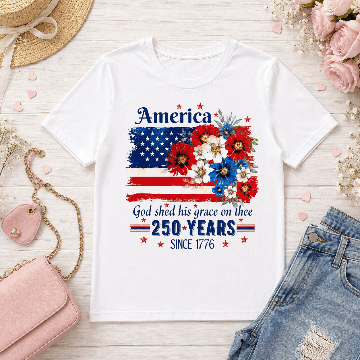America 250 Years Semicentennial Graphic Tee – Patriotic Floral USA Flag T-Shirt