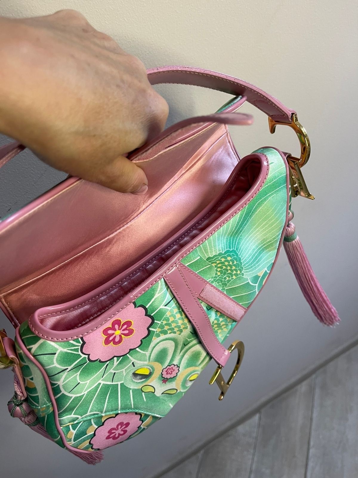Vintage Dior by Galliano 2003 Koi Fish Satin Saddle Green Pink