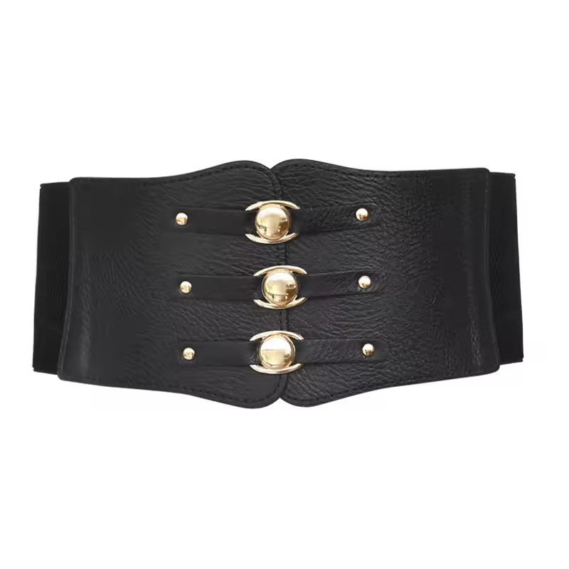 Women Wide Elastic Waist Belt Cinch Corset Triple Gold Buckle Dress Waistband
