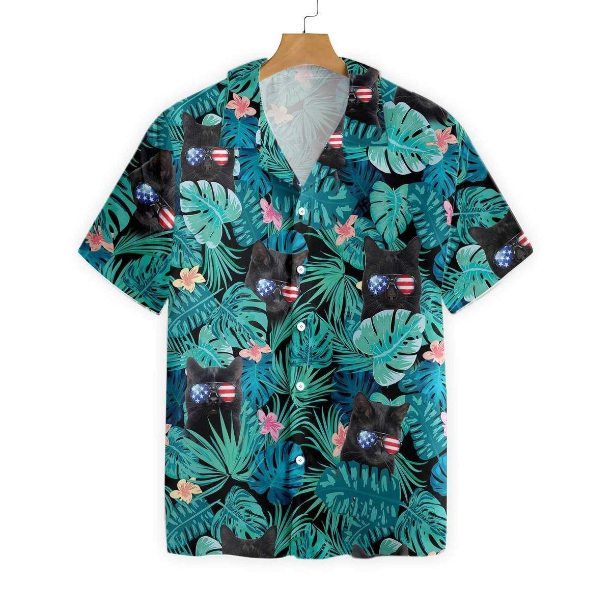 Black Cat Tropical 4Th Of July Trendy Hawaiian Shirt, Tropical Flower Trendy