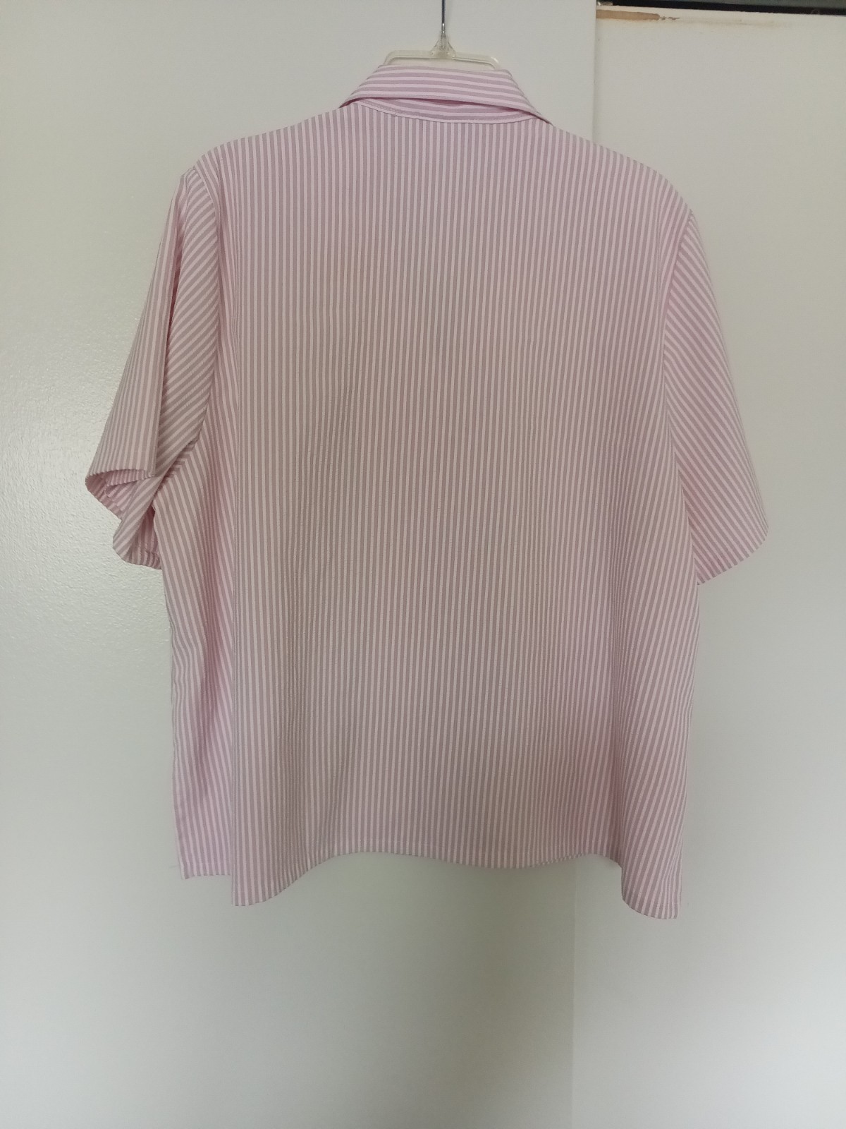 BonWorth Womens Petite L Pink White Striped Woven Collared Short Sleeve Blouse