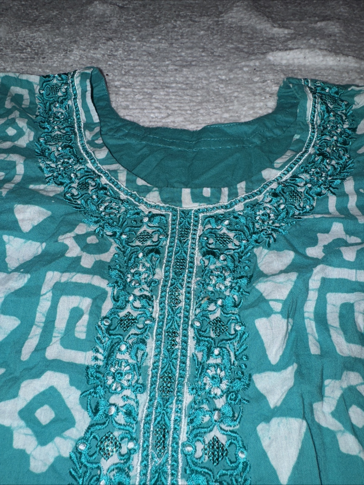 Handmade Green & White Tunic Kurta 3/4 Sleeve Flared Silhouette Pullover Dress
