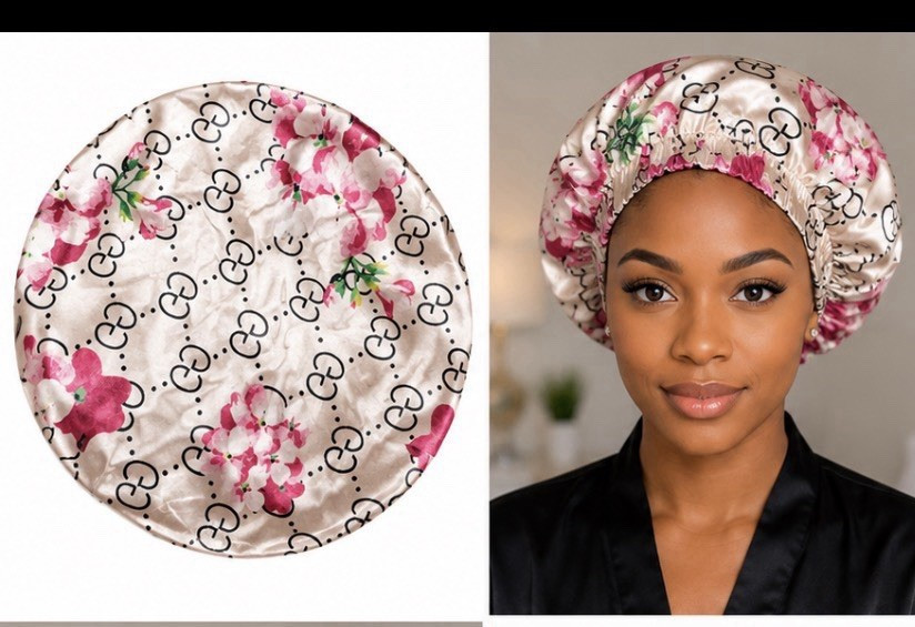 Floral Satin Bonnet Sleep Cap for Women – Soft Hair Protection Bonnet