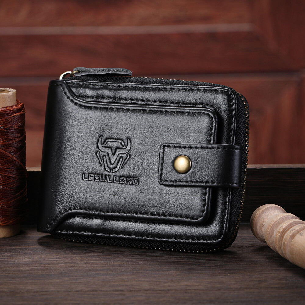 Mens Genuine Leather Zipper Wallet RFID Blocking Bifold Zip Around Card Holder