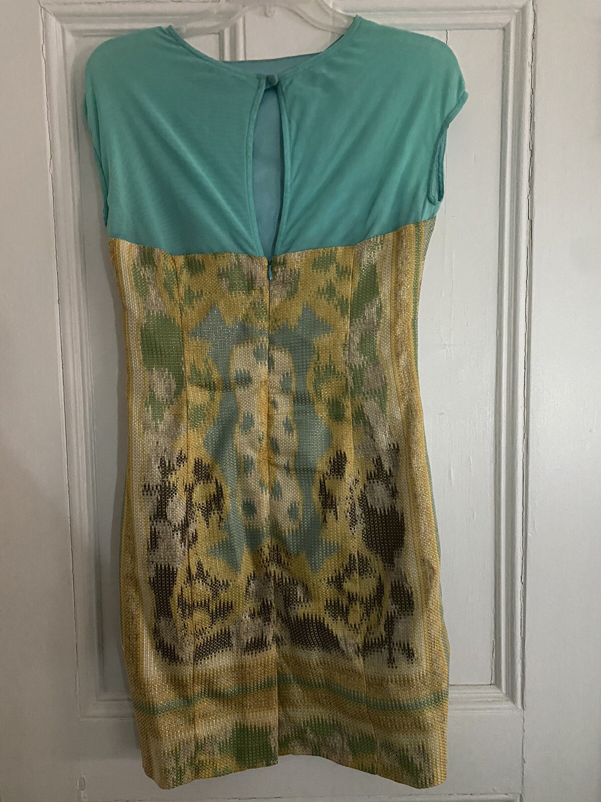 Eva Franco Dress Anthropologie Turquoise, Yellow, Silver Metallic Thread 4 Mesh