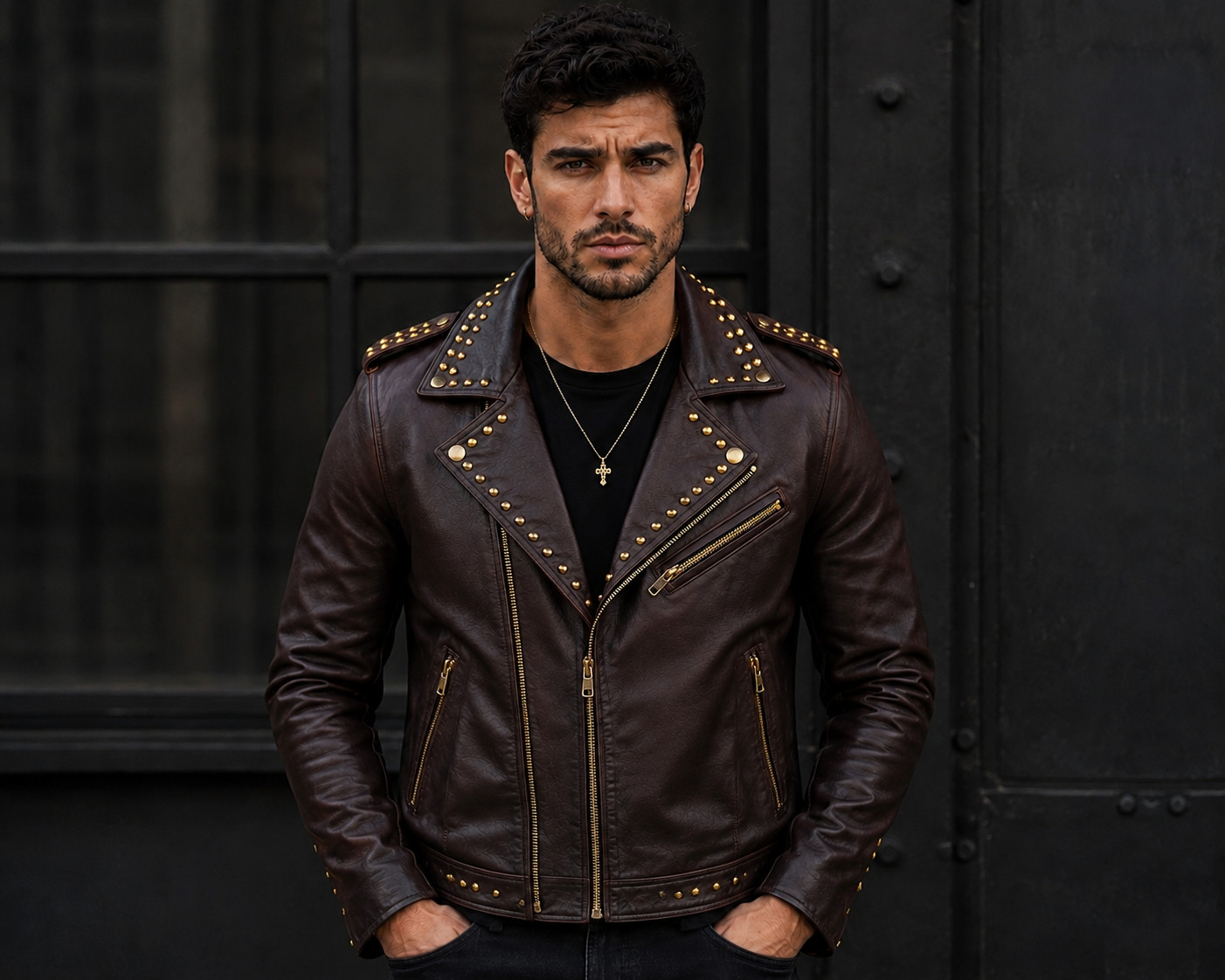 Men’s Brown Studded Leather Biker Jacket – Moto Slim Fit – Punk Rock Zip Up Coat