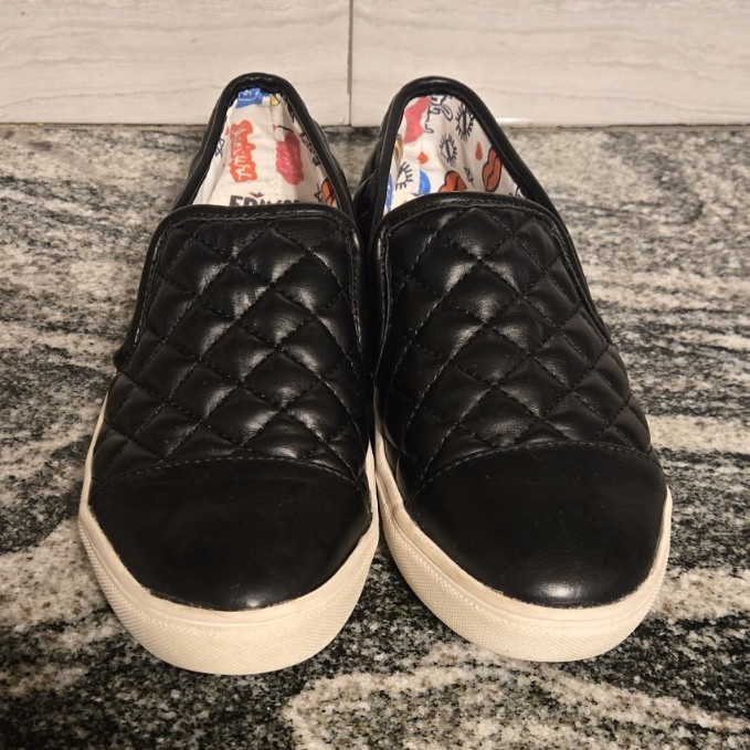 Steve Madden Black Quilted Slip-On Sneakers Cushioned Comfort Skull Theme