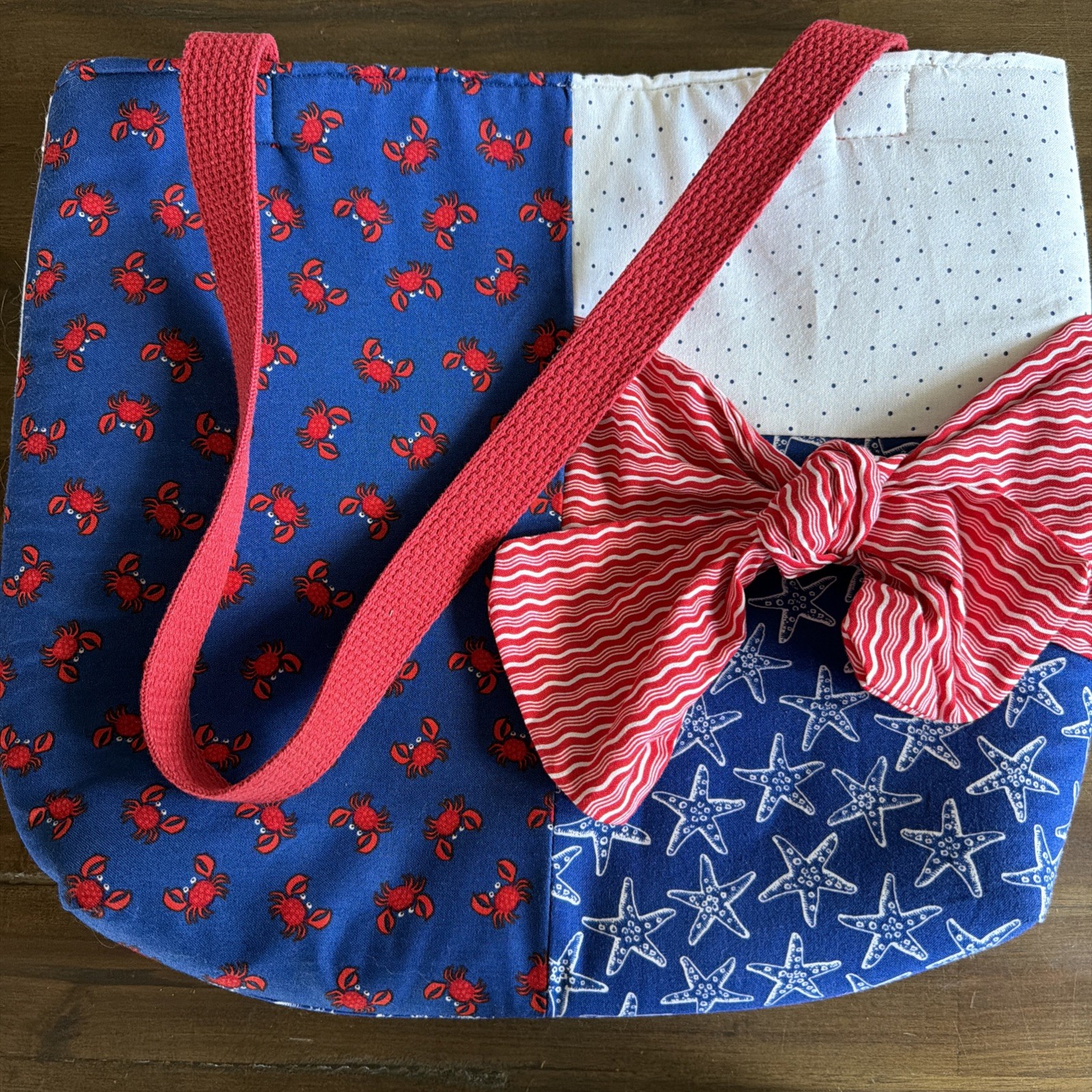 Handmade Patriotic Nautical Handbag Tote Red White Blue Starfish Crab Stripe Bow