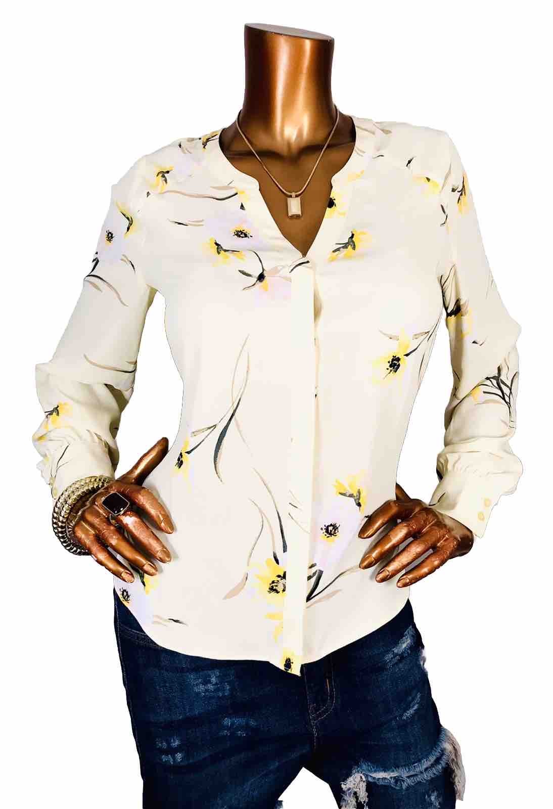 WHBM S Top NWT $69 Sheer Summer Button Up Shirt Blouse Floral Soft Long Sl V Cut