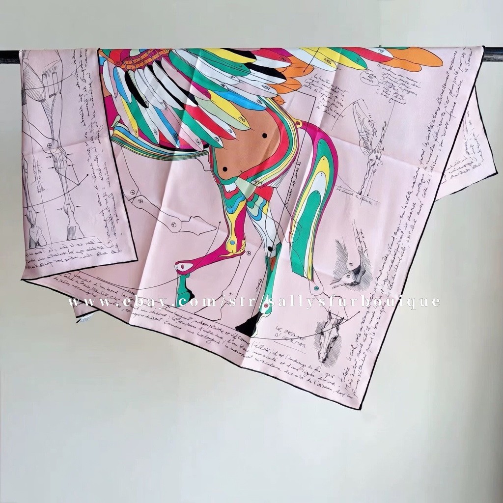 2026 Sallys 18 Momme Twill Silk Wrap Scarf Fly Horse Print Double Face Shawl 35″