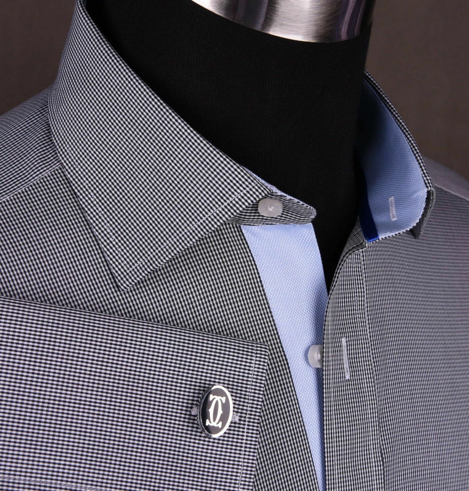 Class Grey Black Gingham Check Business Dress Shirt Light Blue Oxford Lining