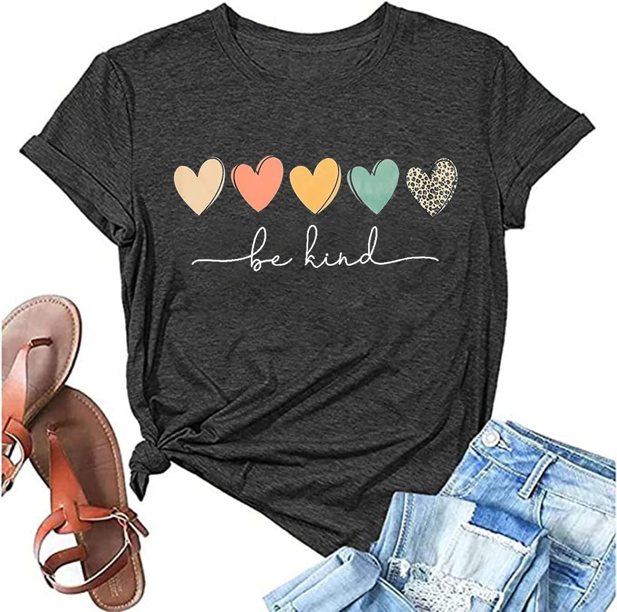 Be Kind Heart Print Teacher T-Shirt Boho Graphic Tee Vintage Inspirational Top