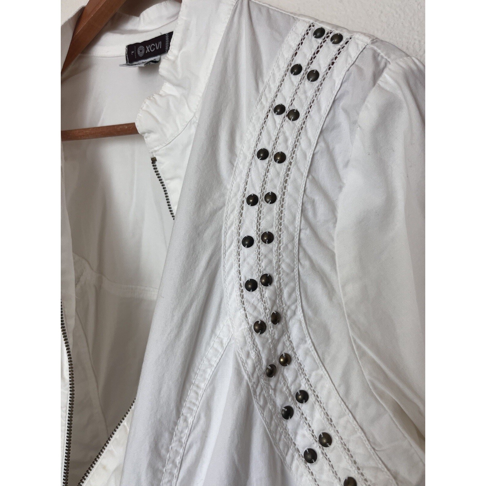 XCVI White Embellished Zip Shirt Stretch Jacket Studded Beaded Cotton Sz Large