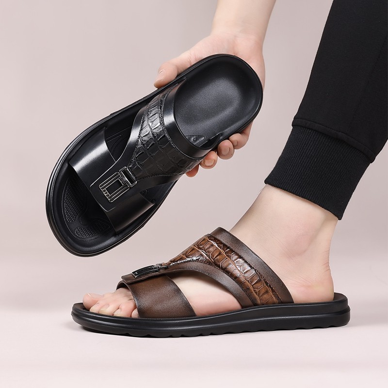 Men’s Croc-Embossed Slide Sandals, PU Leather, Comfort Non-Slip Rubber Sole