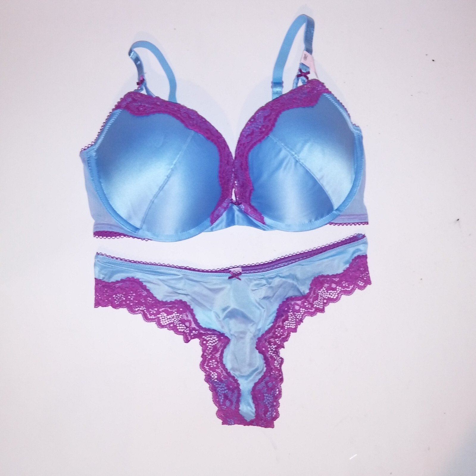 Victoria Secret Bra Set Push Up Thong Panty Blue Purple Tease Lace Trim Underwir