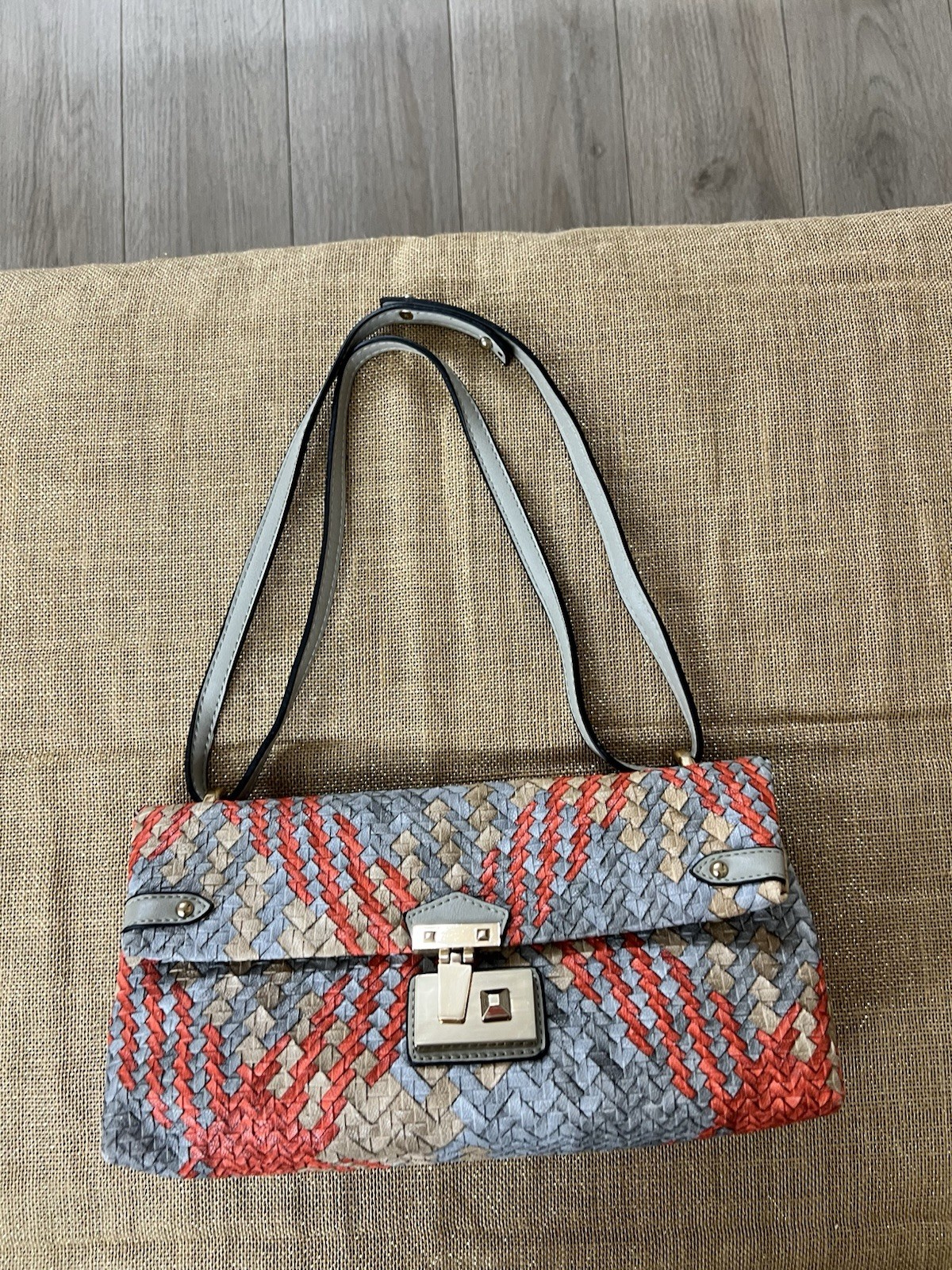 Woven Plaid Pattern Clutch Shoulder Bag with Turn-Lock Closure