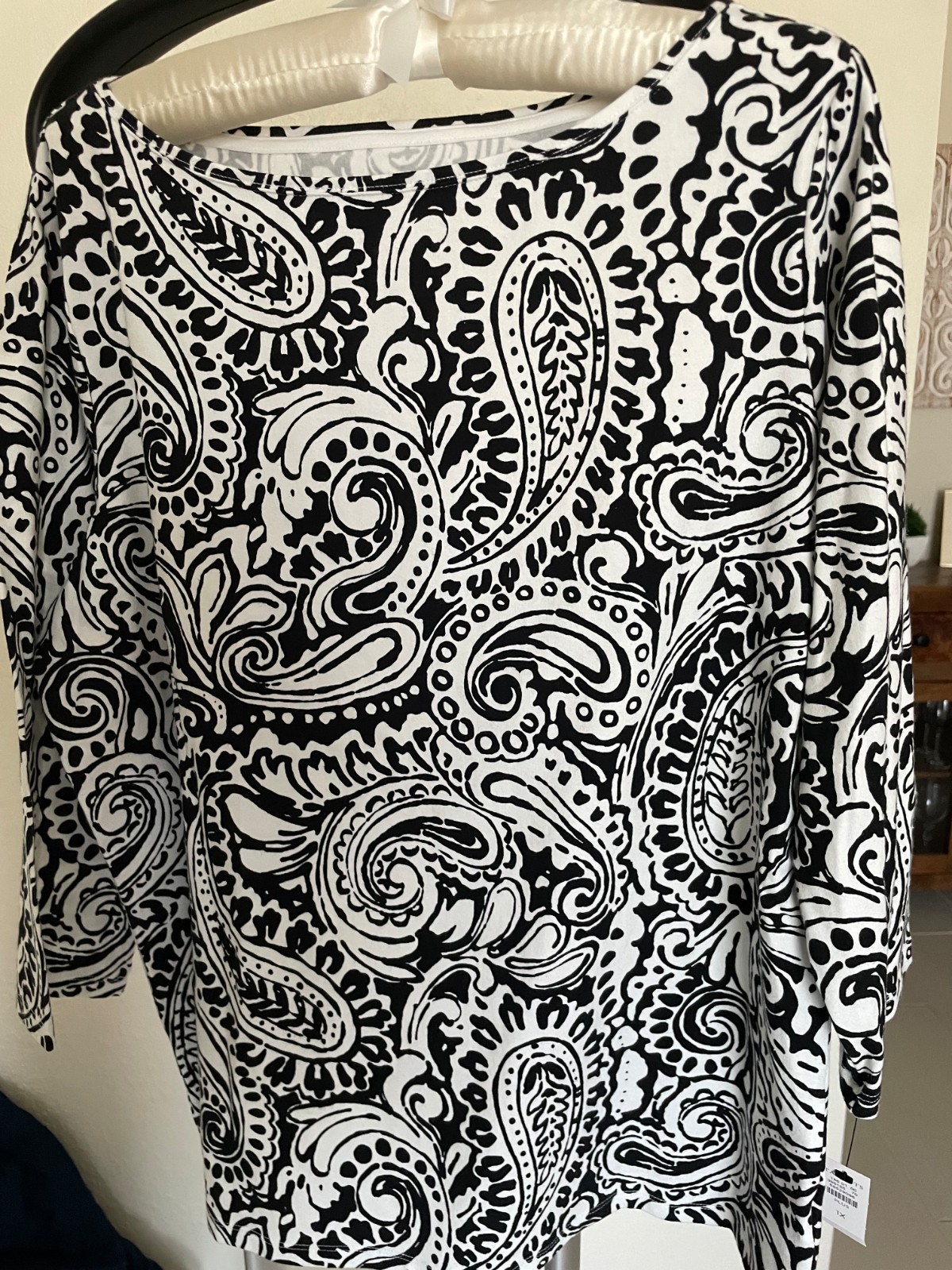 Talbots 1X Black and White Paisley Swirl 3/4 Sleeve Top NWT