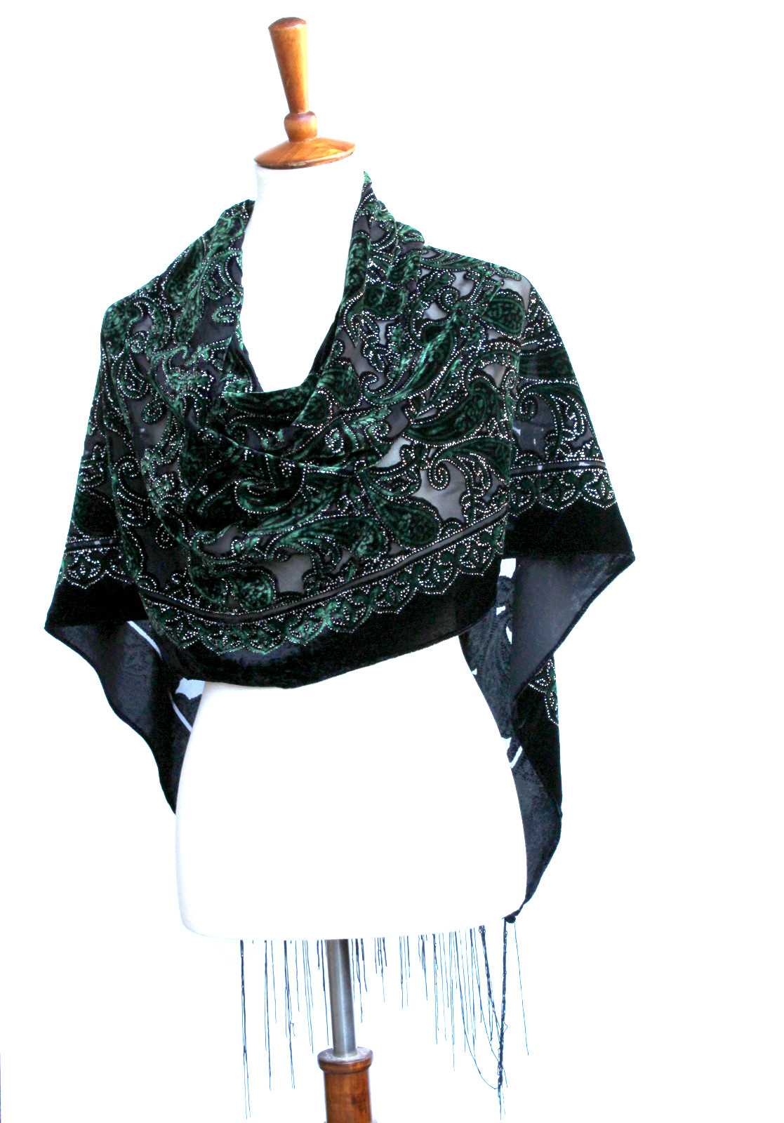 Elegant Black & Emerald Green Color Flower Silk Burnout Velvet Shawl Scarf Wrap