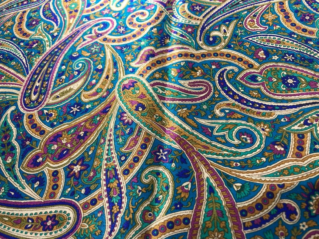 Vibrant Blue Multicolor Paisley Print 112cm Wide PURE SILK Satin Fabric
