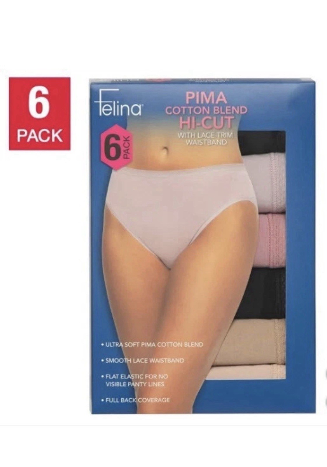 NEW Felina Pima Women’s Cotton Blend Hi Cut Lace Trim Waistband Underwear 6 Pk