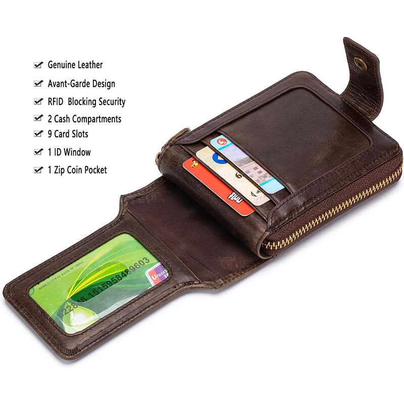 Mens Genuine Leather Zipper Wallet RFID Blocking Bifold Zip Around Card Holder