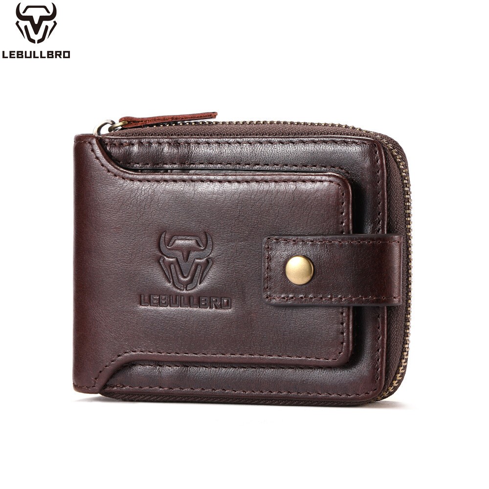 Mens Genuine Leather Zipper Wallet RFID Blocking Bifold Zip Around Card Holder