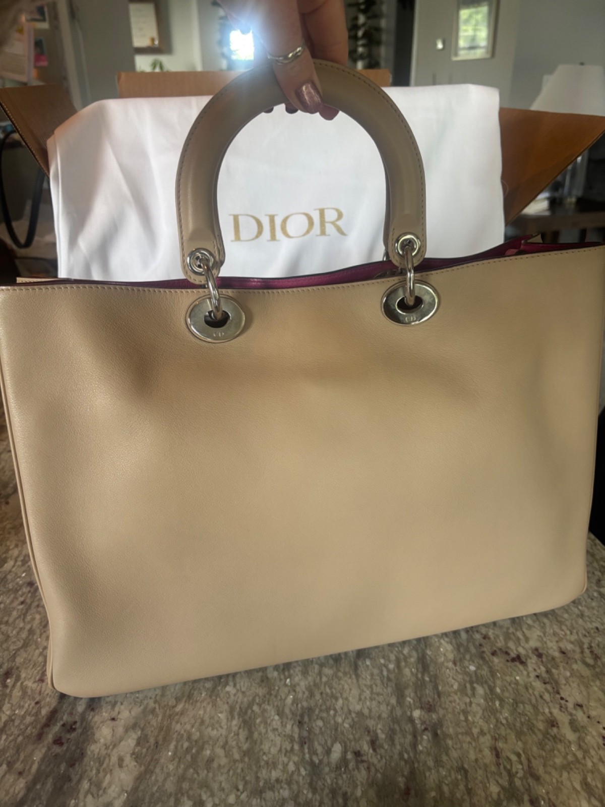 Authentic CHRISTIAN DIOR Diormissimo Tote Beige Taupe Fuchsia Interior