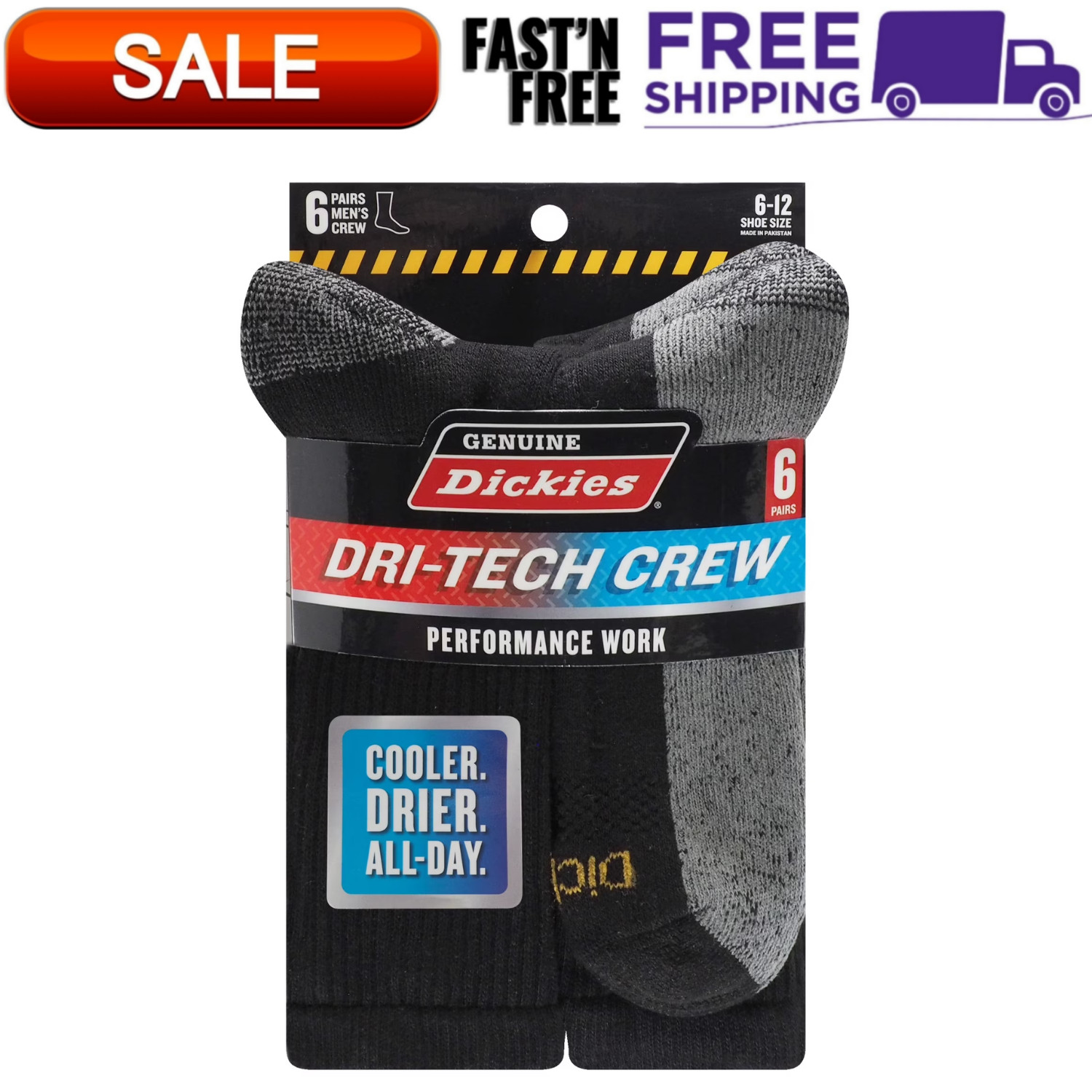 6 Pack Genuine Dickies Mens Dritech Crew Socks Moisture Control Black Size 6-12
