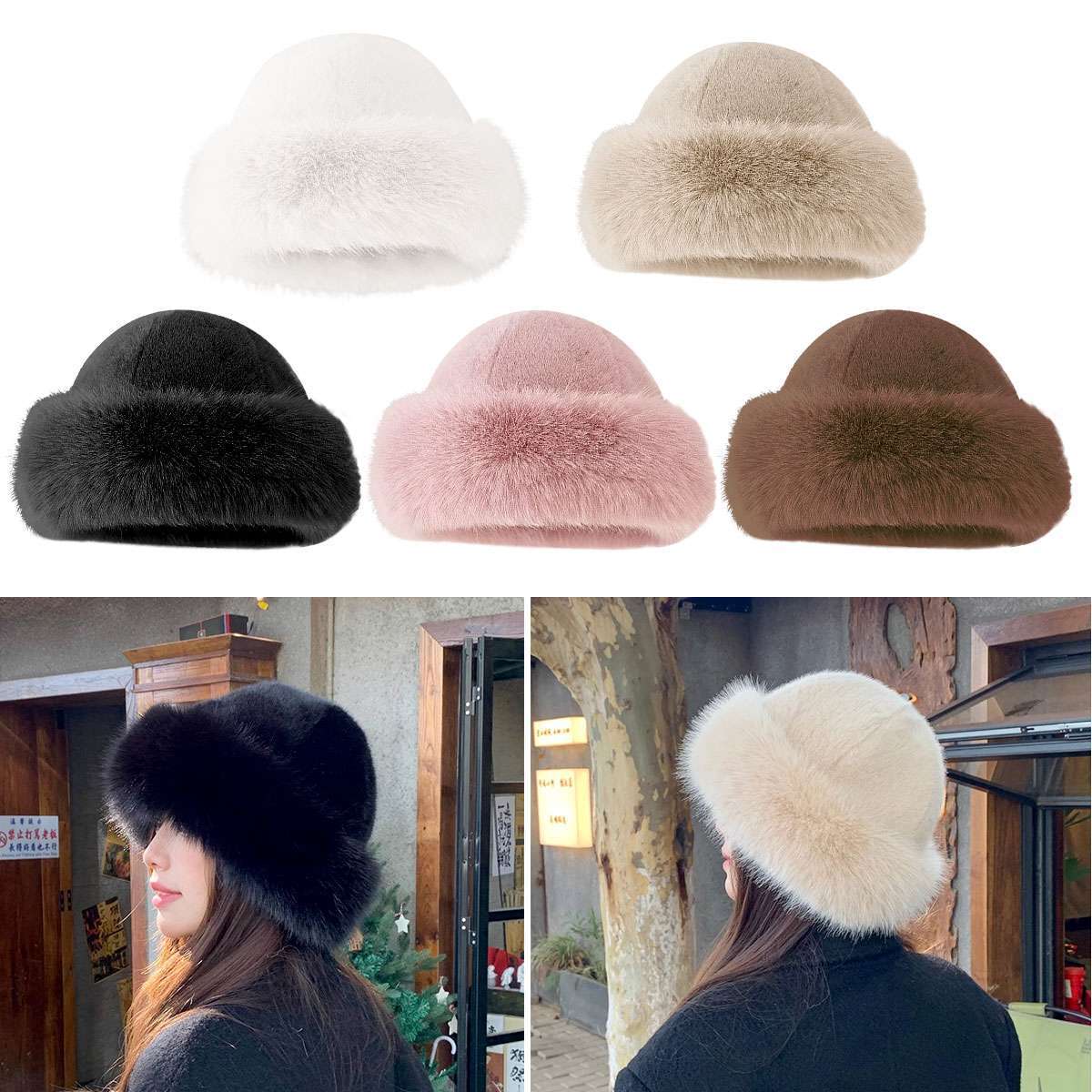 Women Furry Hat Faux Fur Russian Cossack Hat Fluffy Warm Winter Outdoor Ski Cap