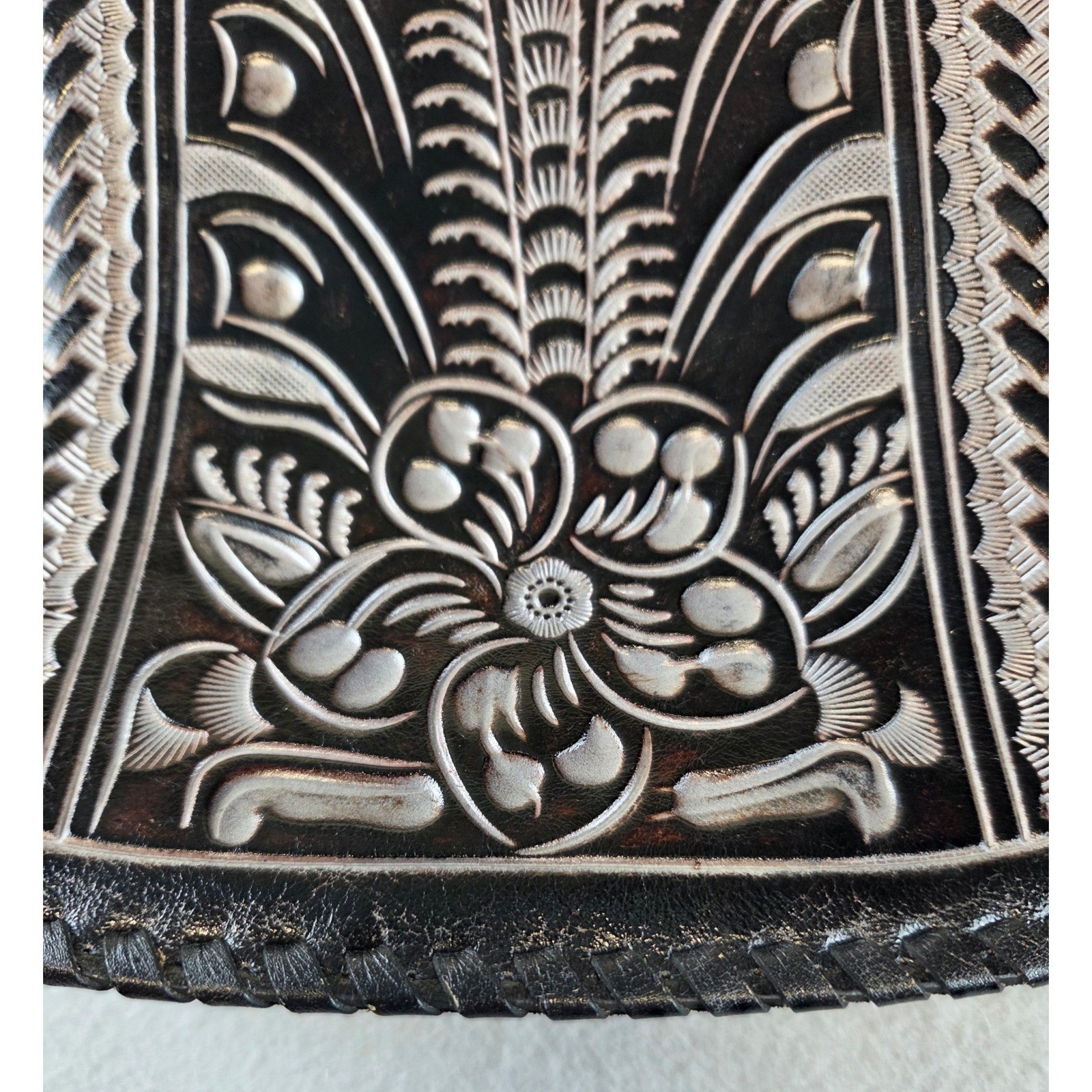 Patricia Nash Leather Crossbody Saddle Bag Embossed Silver Floral Boho Western