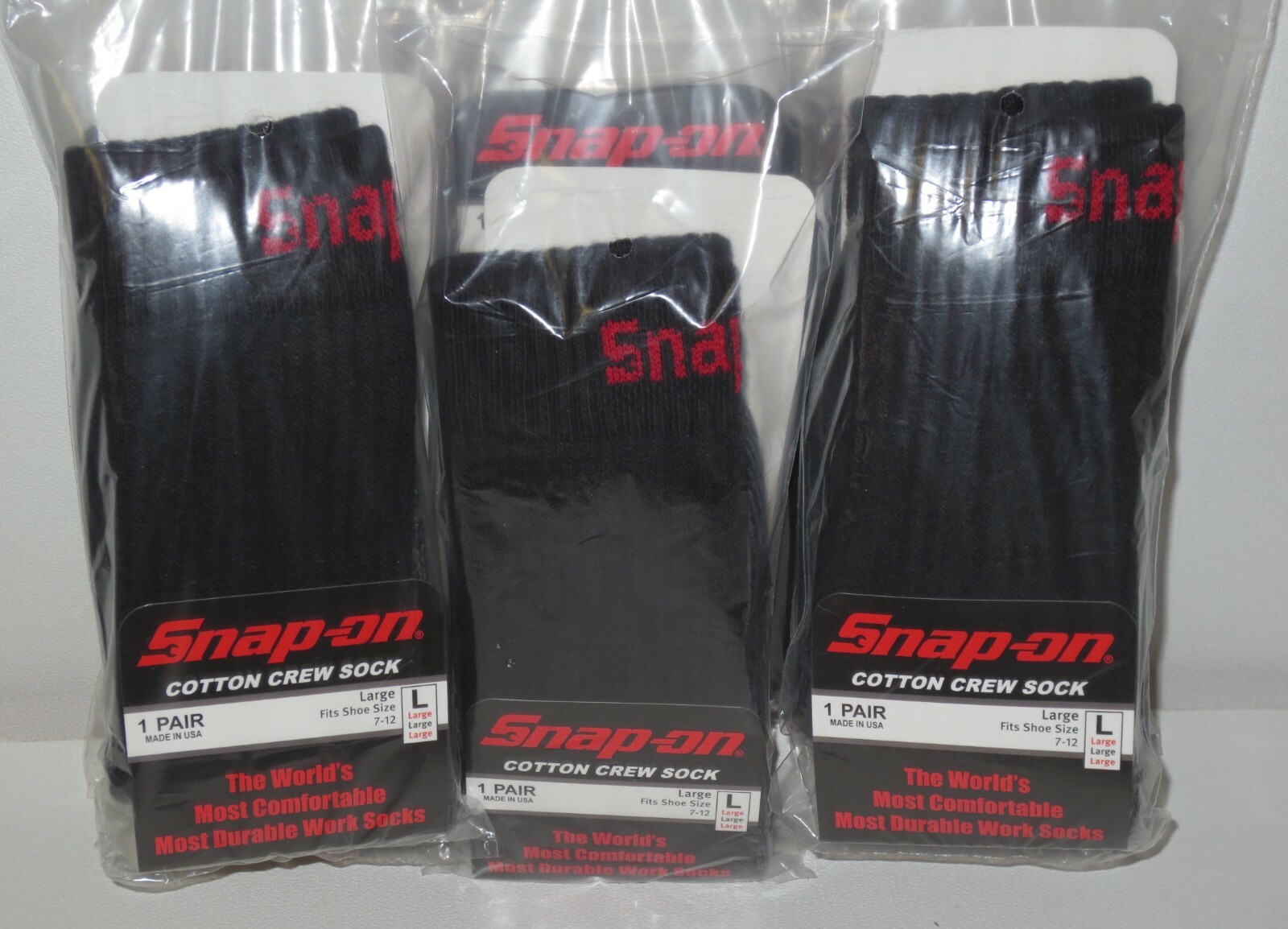 6 PAIRS – Snap-On Crew Socks Men’s BLACK – LARGE ~ FREE SHIP ~ MADE IN USA *NEW*