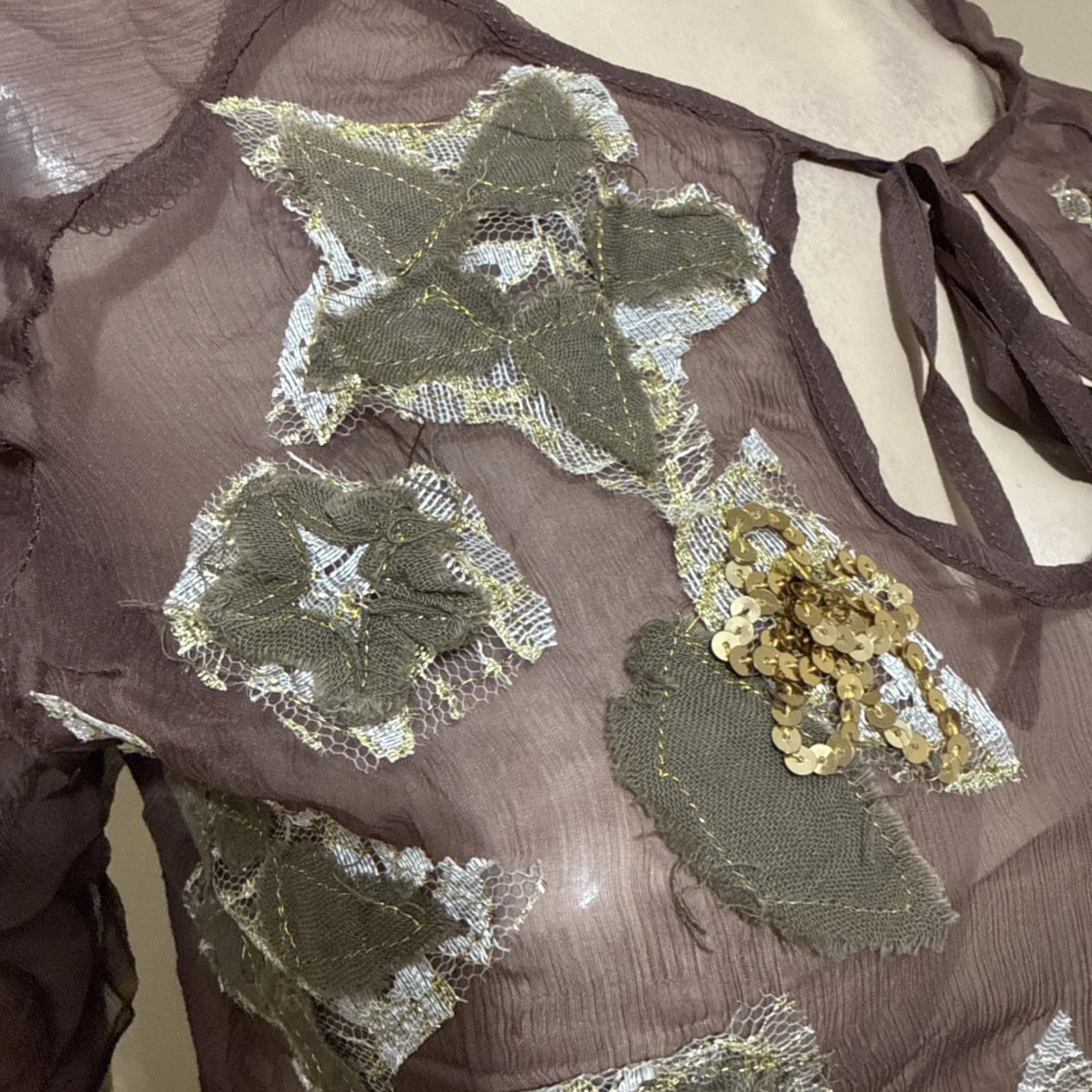 Women’s Brown Silk Casual Summer Sheer Beaded Embroidered Lace Size S Blouse Top