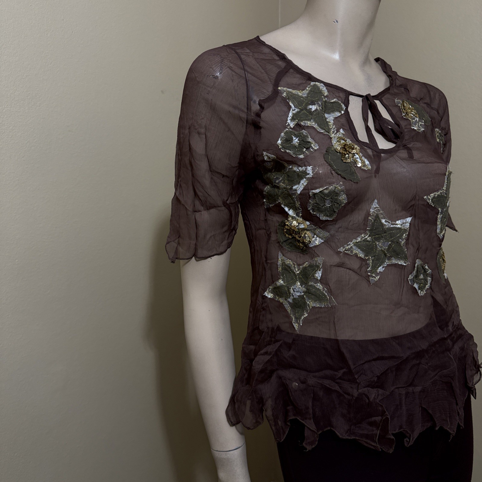 Women’s Brown Silk Casual Summer Sheer Beaded Embroidered Lace Size S Blouse Top