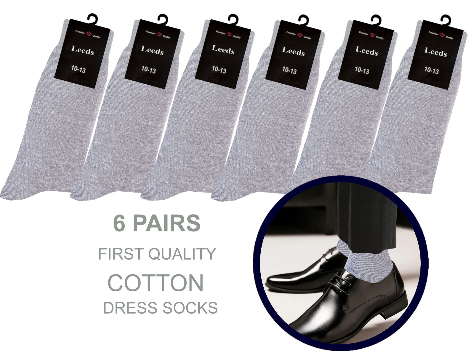Solid Colors NATURAL COTTON Dress Socks 10-13 GRAY BLACK Formal Socks