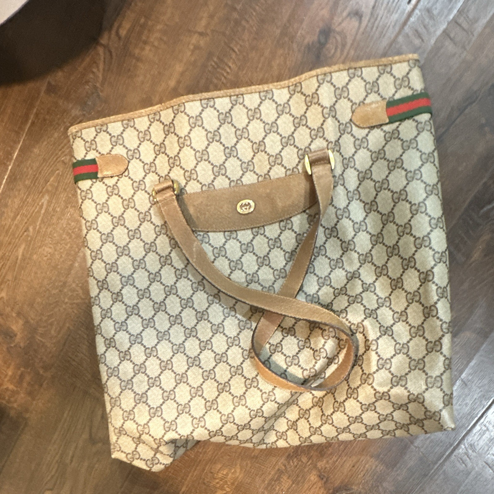 Gucci GG Tote Bag Beige Brown Web Stripe Shoulder Strap Gold Hardware Lined