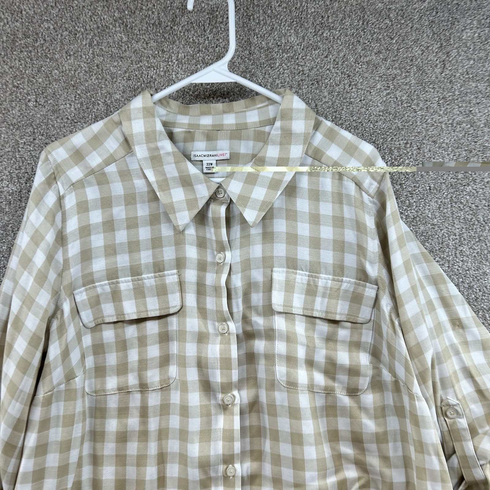 Isaac Mizrahi Live Women’s Button Up Size 22W Beige White Plaid Long Sleeve
